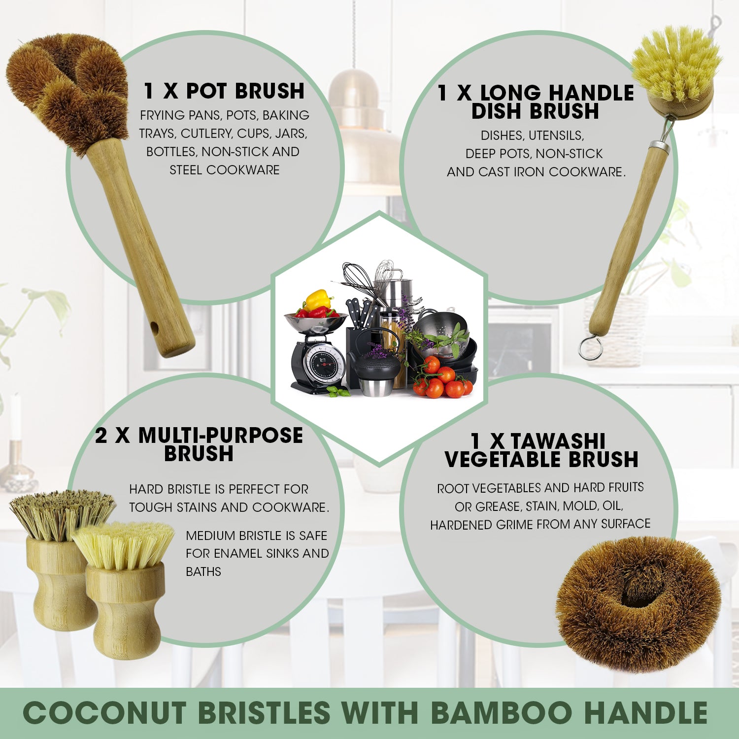 Natural Bamboo and Sisal Fiber Dish Brush Soft Eco-friendly and