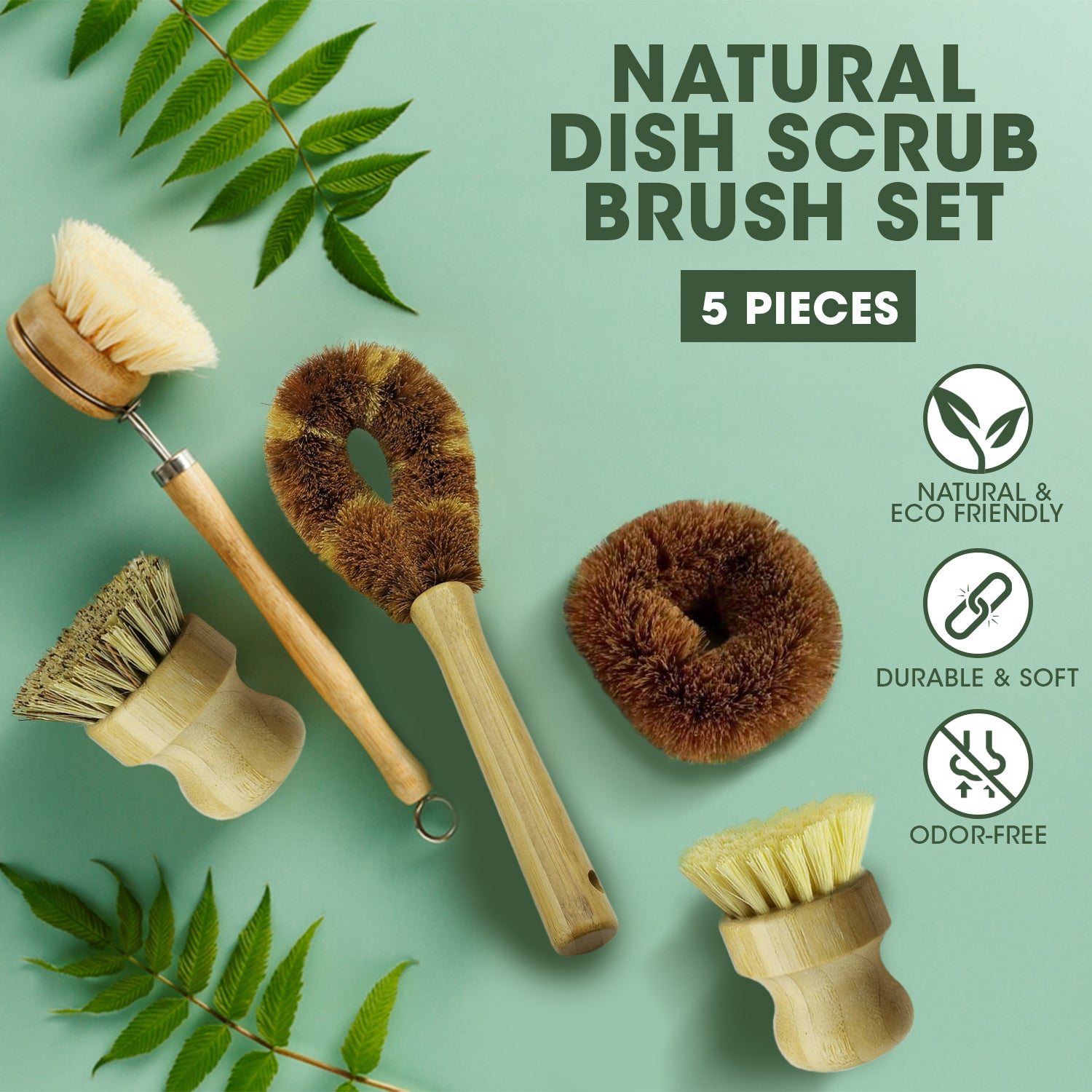 Bamboo Dish Scrub Brushes, Kitchen Wooden Cleaning Scrubbers Set for  Washing Cast Iron Pan/Pot, Natural Sisal Bristles, Green 